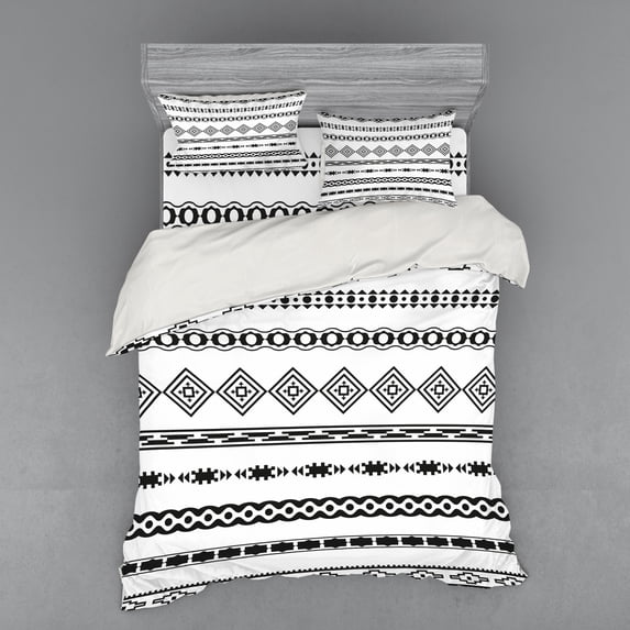 Ambesonne Tribal Bedding Set 4 Pcs, Ethnic Geometric Folk Forms, Queen, White Black