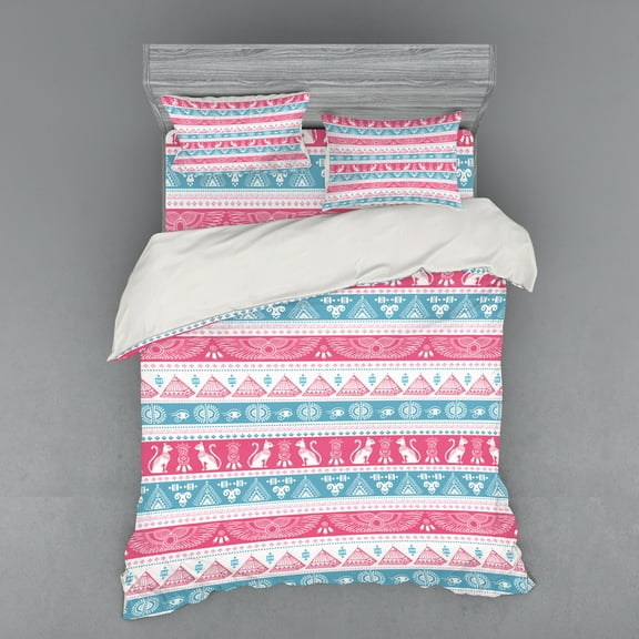 Ambesonne Tribal Bedding Set 4 Pcs, Folkloric Egyptian Motifs, Queen, Pale Blue Pink White