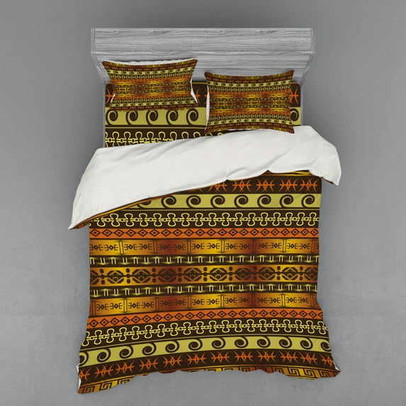 Ambesonne Tribal Bedding Set 4 Pcs, Geometric Indigenous Art, Queen, Brown Yellow Pale Orange