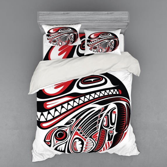 Ambesonne Tribal Bedding Set 4 Pcs, Haida Animal Art, Queen, White Red Black