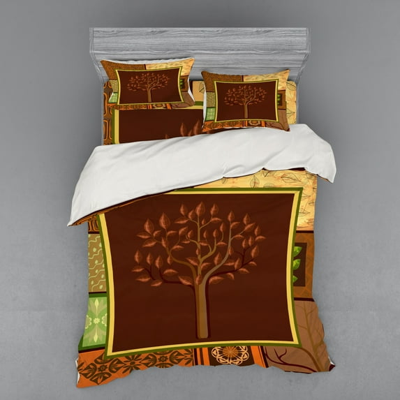Ambesonne Tribal Bedding Set 4 Pcs, Native Art, Queen, Brown Green