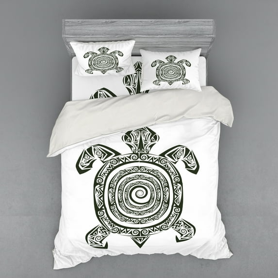 Ambesonne Tribal Bedding Set 4 Pcs, Turtle Maori, Queen, Black and White
