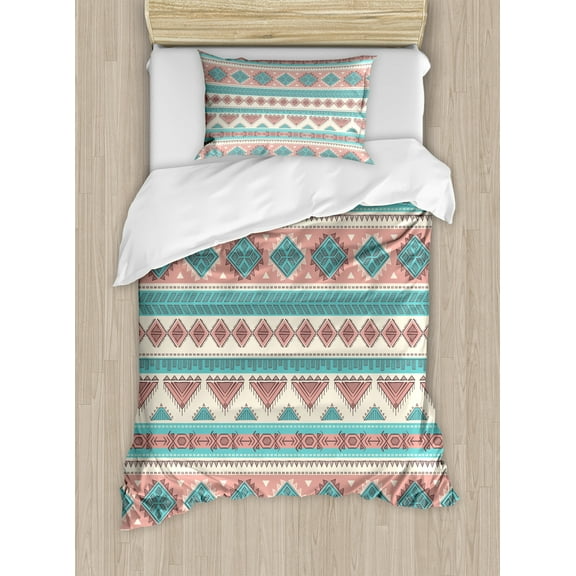 Ambesonne Tribal Duvet Cover Set, Aztec Art Style, Twin, Cream Aqua and Peach
