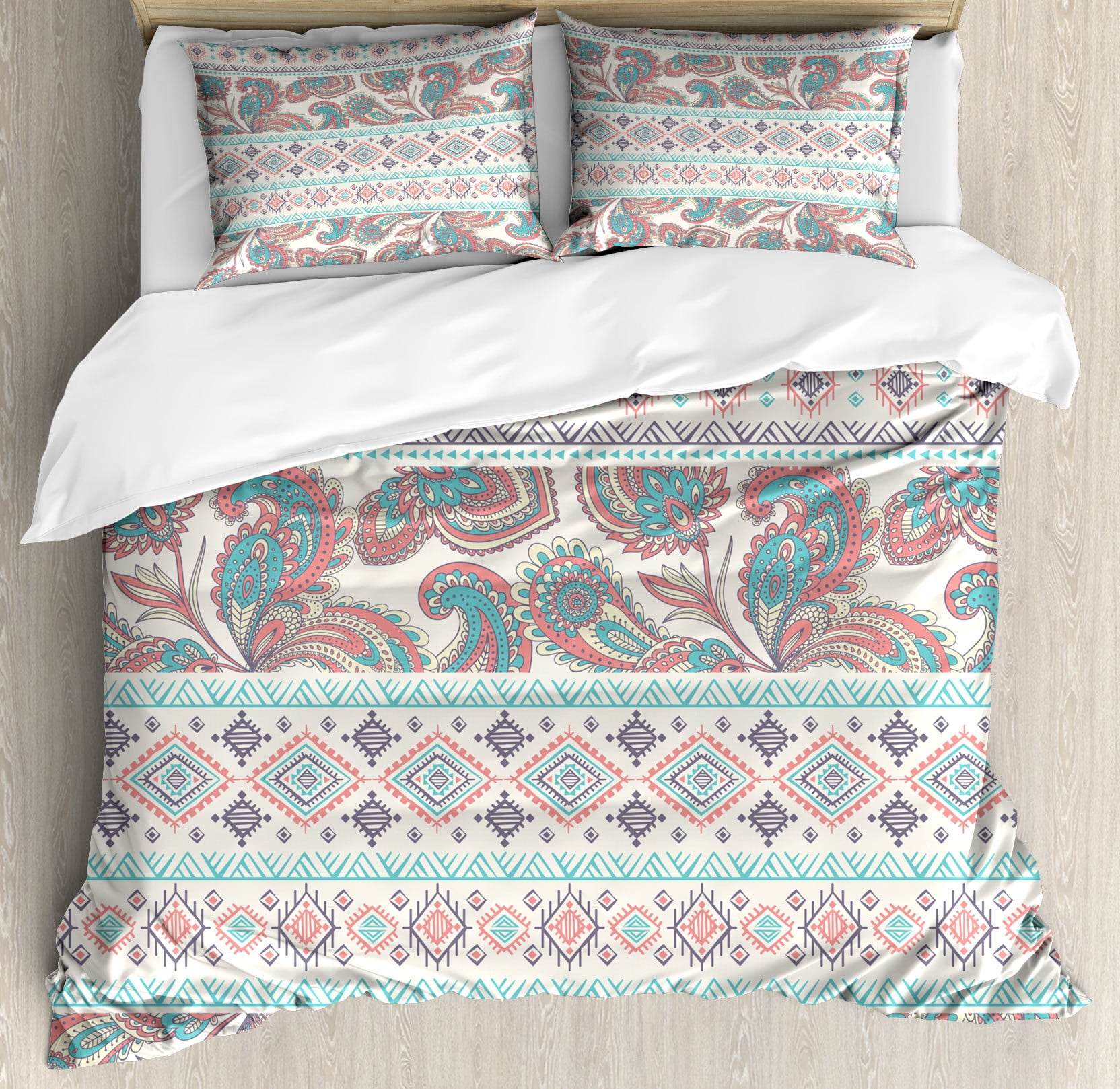 Queen Cream Aqua and Coral Tribal Duvet Cover Set