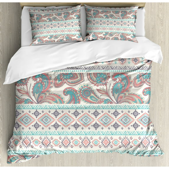 Ambesonne Tribal Duvet Cover Set, Floral Paisley and Aztec, Queen, Cream Aqua and Coral