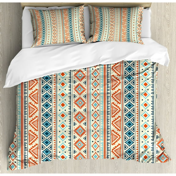 Ambesonne Tribal Duvet Cover Set, Mexican Aztec Pattern, Queen, Blue Orange Ivory