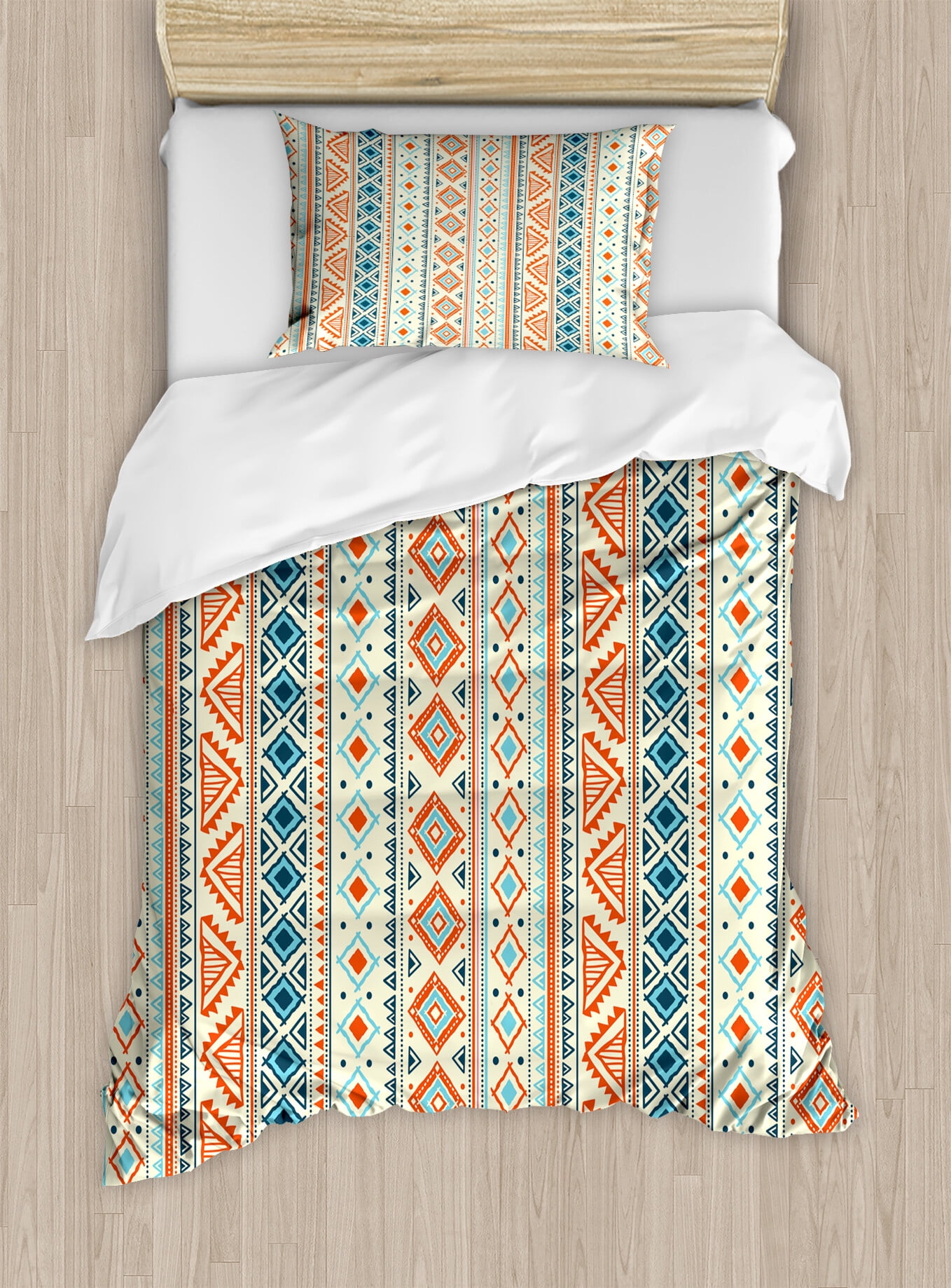 Twin Blue Orange Ivory Geometric Tribal Duvet Cover Set
