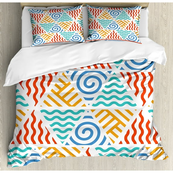 Ambesonne Tribal Duvet Cover Sets, 4 Elements Retro Art, 2-Queen, Marigold Teal Blue