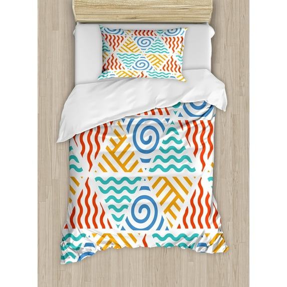 Ambesonne Tribal Duvet Cover Sets, 4 Elements Retro Art, 2-Twin, Marigold Teal Blue