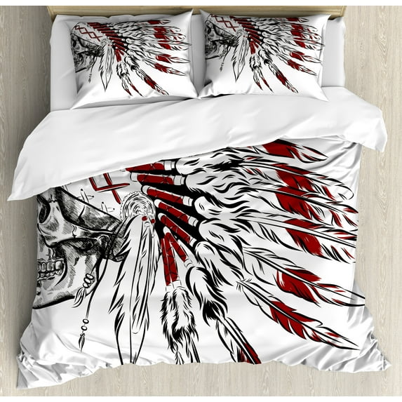 Ambesonne Tribal Duvet Cover Sets, Feather Headdress, 2-Queen, Burgundy Black White