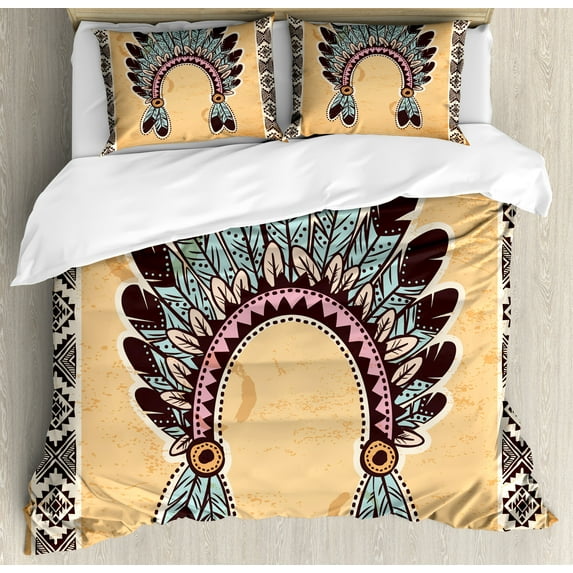Ambesonne Tribal Duvet Cover Sets, Folkloric Aztec Headband, 2-King, Pale Brown Mint