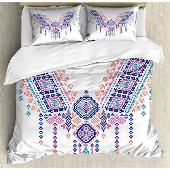 Ambesonne Tribal Duvet Cover Sets, Geometric Design, 2-Queen, Coral Pink and Blue