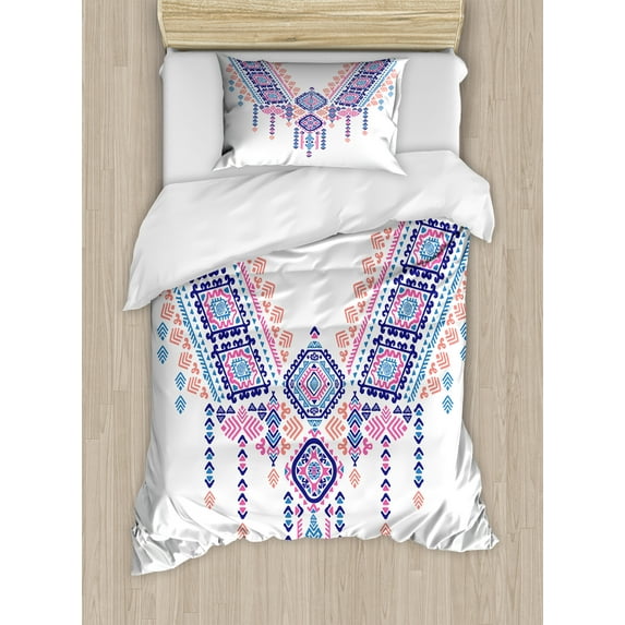 Ambesonne Tribal Duvet Cover Sets, Geometric Design, 2-Twin, Coral Pink and Blue