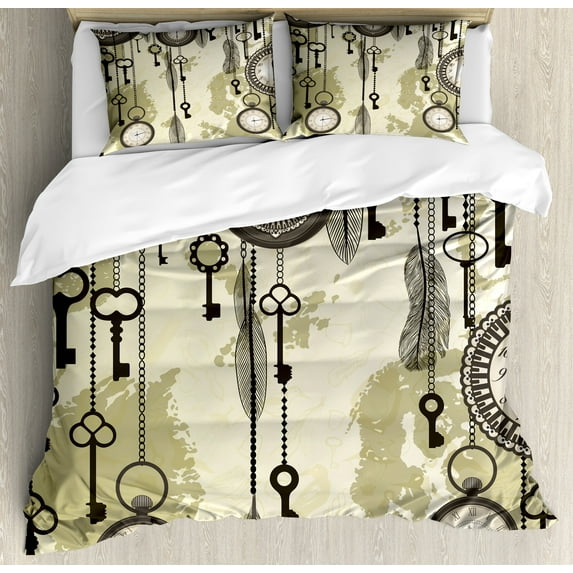 Ambesonne Tribal Duvet Cover Sets, Green Old 20s Design, 2-Queen, Green Grey Cream