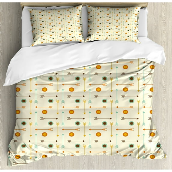 Ambesonne Tribal Duvet Cover Sets, Hipster Geometric, 2-King, Mint Green Orange Cream