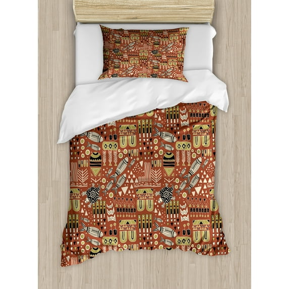 Ambesonne Tribal Duvet Cover Sets, Prehistoric Animal Drawings, 2-Twin, Cinnamon Khaki