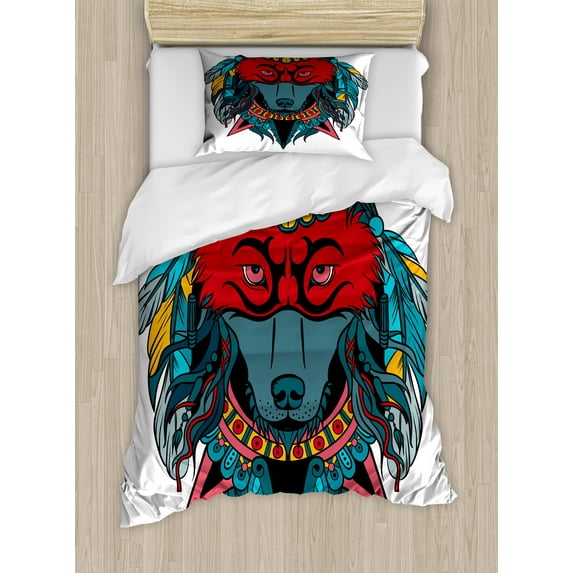 Ambesonne Tribal Duvet Cover Sets, Wolf Animal Theme, 2-Twin, Teal White and Red