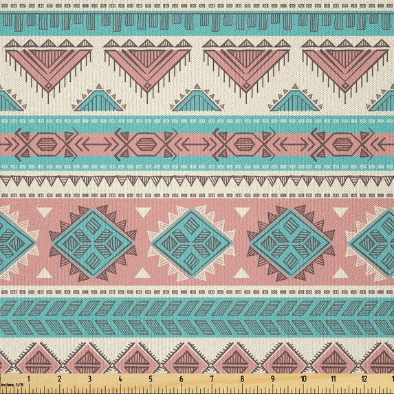 Ambesonne Tribal Fabric by the Yard Microfiber, Aztec Art Style, 2 Yards, Cream Aqua and Peach
