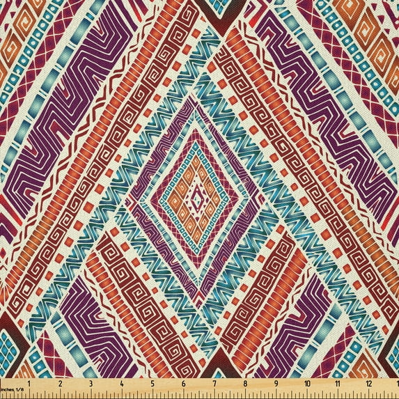 Ambesonne Tribal Fabric by the Yard Microfiber, Diagonal Ethno Pattern, 3 Yards, Purple and Teal
