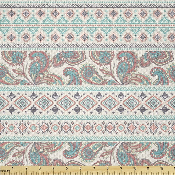 Ambesonne Tribal Fabric by the Yard Microfiber, Floral Paisley and Aztec, 3 Yards, Cream Aqua and Coral