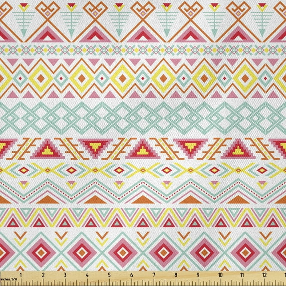 Ambesonne Tribal Fabric by the Yard Microfiber, Native Style Aztec Art, 1 Yard, Yellow Pink Aqua