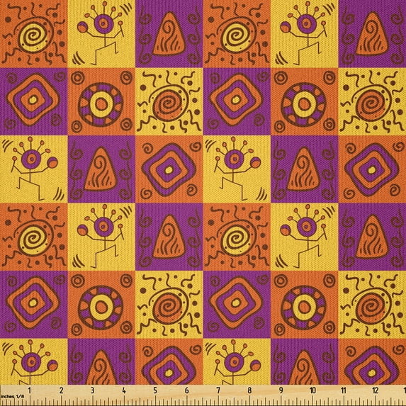 Ambesonne Tribal Fabric by the Yard Microfiber, Timeless Design, 10 Yards, Orange Purple and Yellow