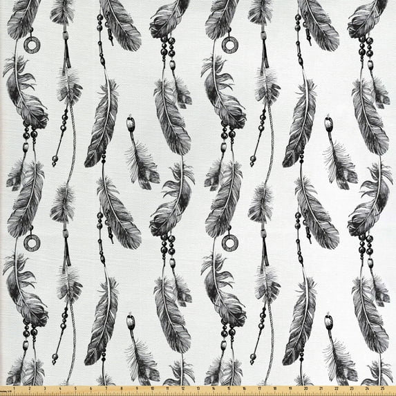 Ambesonne Tribal Fabric by the Yard Upholstery, Black White Boho Feather, 3 Yards, Charcoal Grey White
