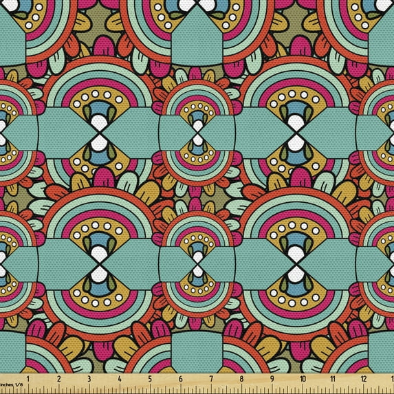 Ambesonne Tribal Fabric by the Yard Upholstery, Ethnic Colorful Quirky Art, 2 Yards, Seafoam Magenta