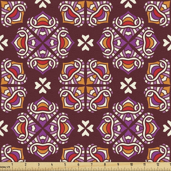 Ambesonne Tribal Fabric by the Yard Upholstery, Ornamental Floral Swirls, 1 Yard, Multicolor