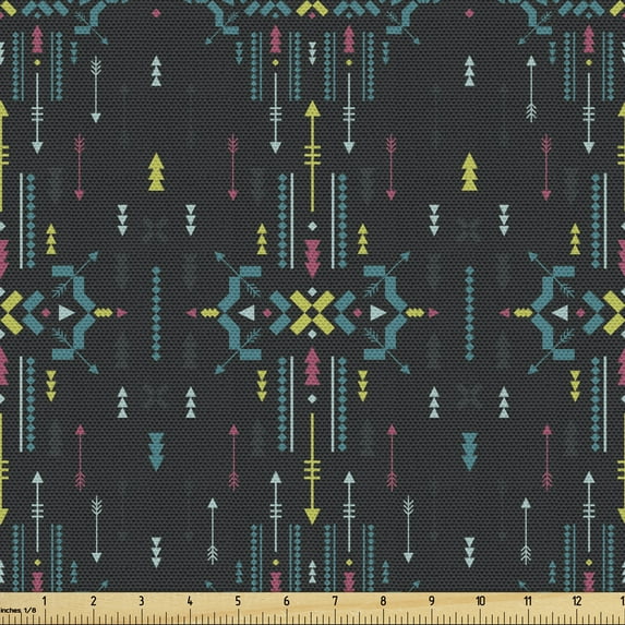 Ambesonne Tribal Fabric by the Yard Upholstery, Prehistoric Bohemian Geometric, 5 Yards, Dark Blue Grey Multicolor