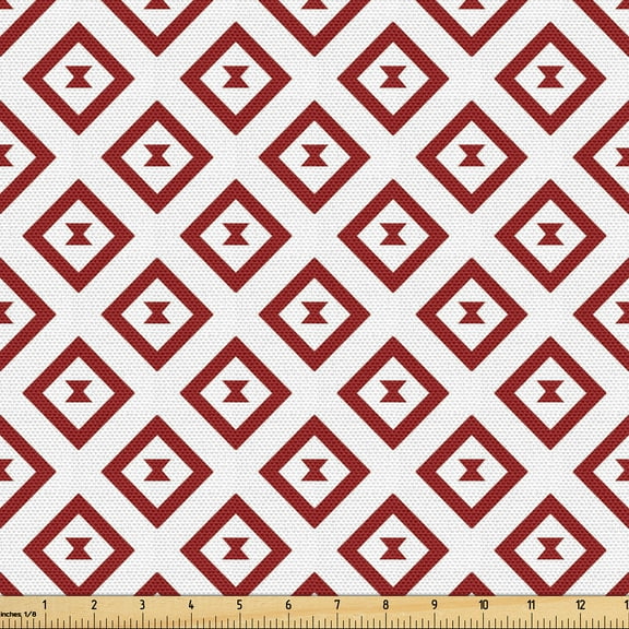 Ambesonne Tribal Fabric by the Yard Upholstery, Simplistic Diagonal Squares, 5 Yards, Ruby White
