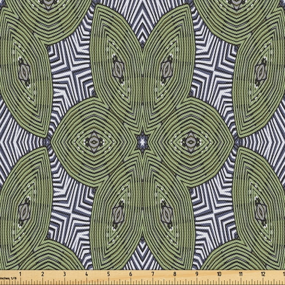 Ambesonne Tribal Fabric by the Yard Upholstery, Stripped Floral Art, 2 Yards, Grey Olive Green