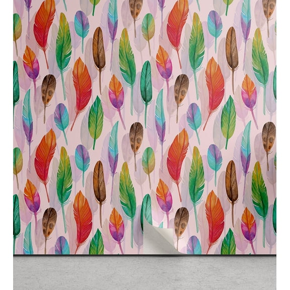 Ambesonne Tribal Feathers Peel & Stick Wallpaper for Home, Oriental Fuzz Print, 13"x100", Pale Pink Multicolor