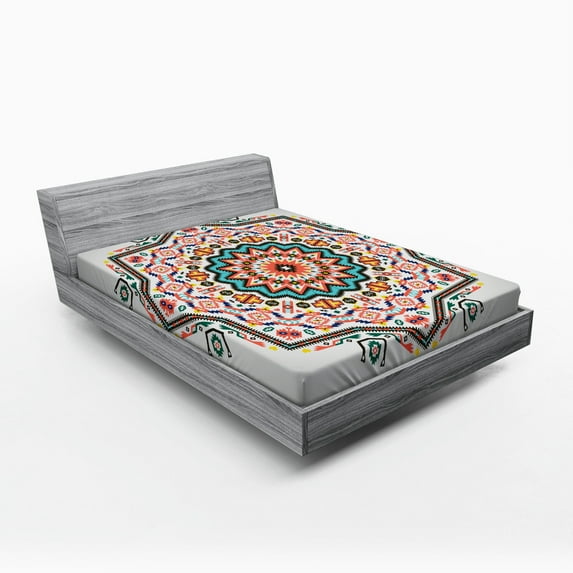 Ambesonne Tribal Fitted Sheet, Abstract Sun Aztec Style, Full Size, Turquoise and Coral