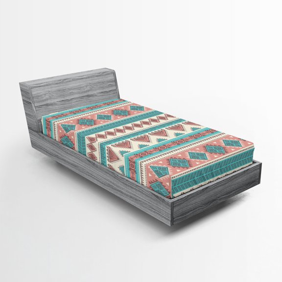 Ambesonne Tribal Fitted Sheet, Aztec Art Style, Twin Size, Cream Aqua and Peach