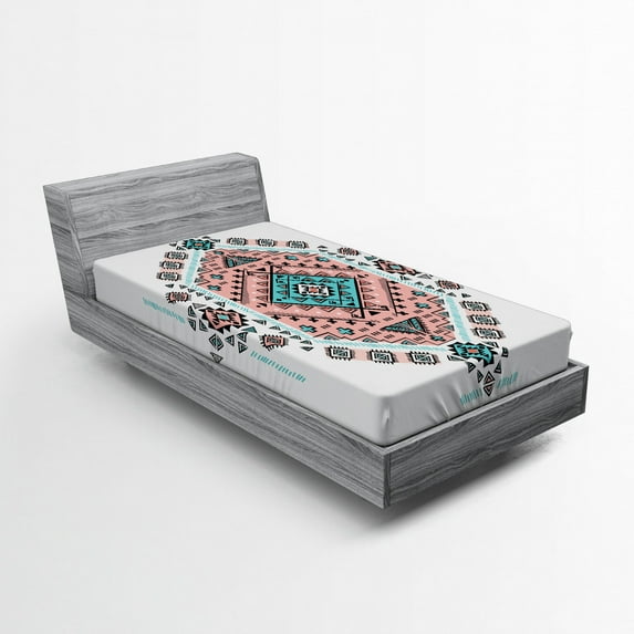 Ambesonne Tribal Fitted Sheet, Aztec Native Art Design, Twin XL Size, Teal and Coral Pink