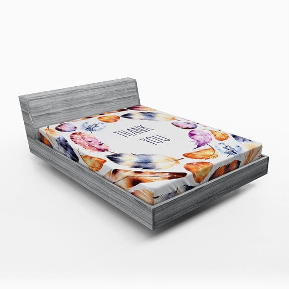 Ambesonne Tribal Fitted Sheet, Bird Feathers Thank You, Full Size, Multicolor