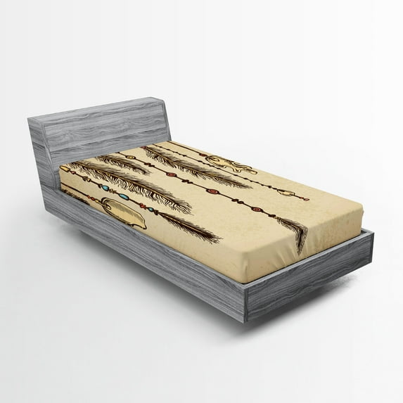 Ambesonne Tribal Fitted Sheet, Bohemian Feathers, Twin XL Size, Brown