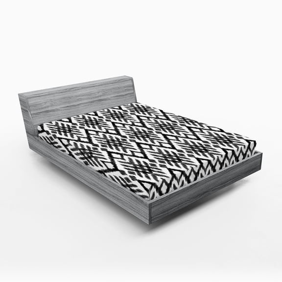 Ambesonne Tribal Fitted Sheet, Diagonal Bohemic Shapes, Full Size, Black and White