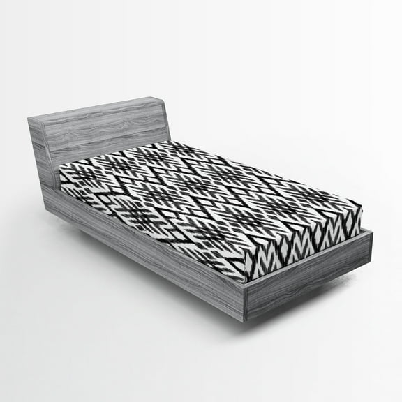 Ambesonne Tribal Fitted Sheet, Diagonal Bohemic Shapes, Twin XL Size, Black and White
