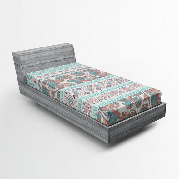 Ambesonne Tribal Fitted Sheet, Floral Paisley and Aztec, Twin XL Size, Cream Aqua and Coral