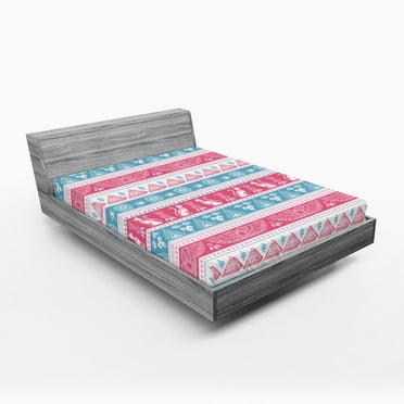 Ambesonne Tribal Fitted Sheet, Folkloric Egyptian Motifs, Queen Size, Pale Blue Pink White
