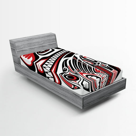 Ambesonne Tribal Fitted Sheet, Haida Animal Art, Twin Size, White Red Black