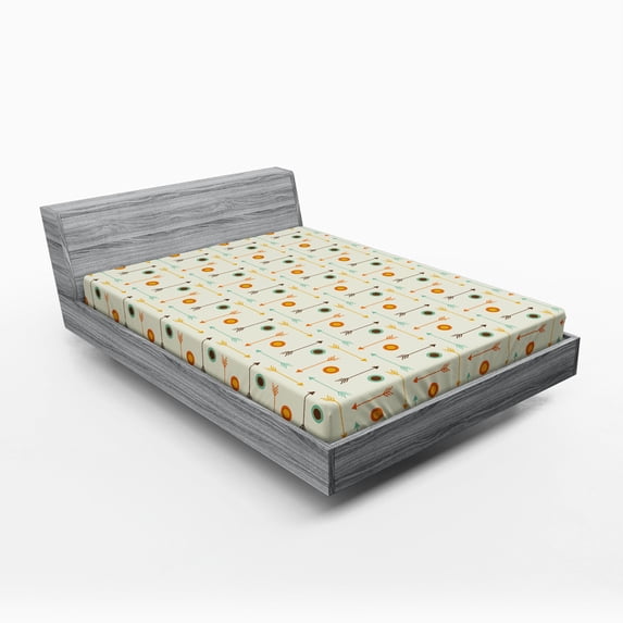 Ambesonne Tribal Fitted Sheet, Hipster Geometric, Full Size, Mint Green Orange Cream