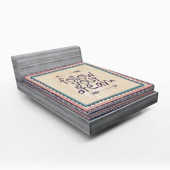 Ambesonne Tribal Fitted Sheet, Inspirational Aztec Art, Full Size, Tan Coral Blue