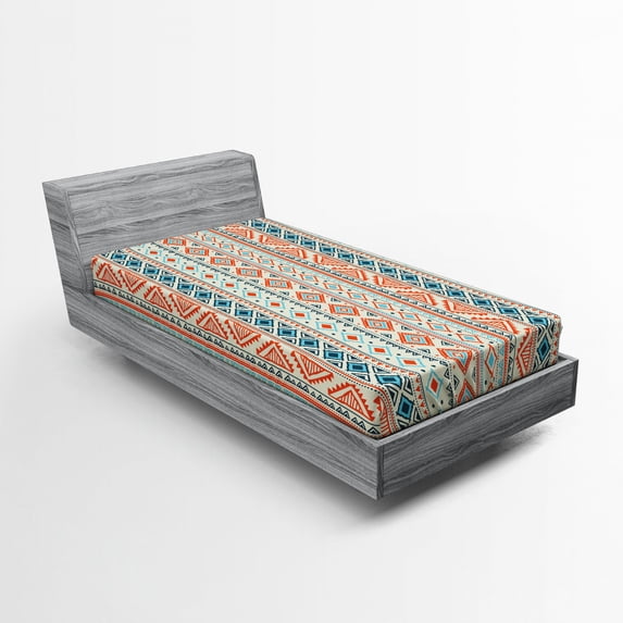 Ambesonne Tribal Fitted Sheet, Mexican Aztec Pattern, Twin Size, Blue Orange Ivory