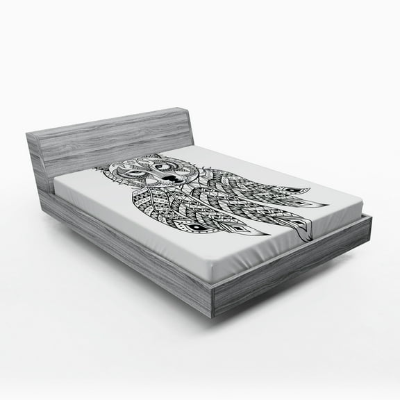 Ambesonne Tribal Fitted Sheet, Native America Wolf Head, Full Size, White and Black