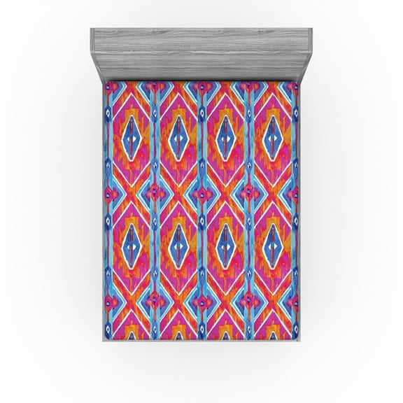 Ambesonne Tribal Fitted Sheet, Pattern of Ikat Shapes Ethno, California King, Magenta Orange and Blue