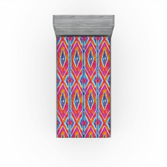 Ambesonne Tribal Fitted Sheet, Pattern of Ikat Shapes Ethno, Twin XL Size, Magenta Orange and Blue