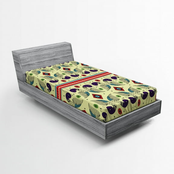 Ambesonne Tribal Fitted Sheet, Peacock Pattern, Twin XL Size, Cream and Purple